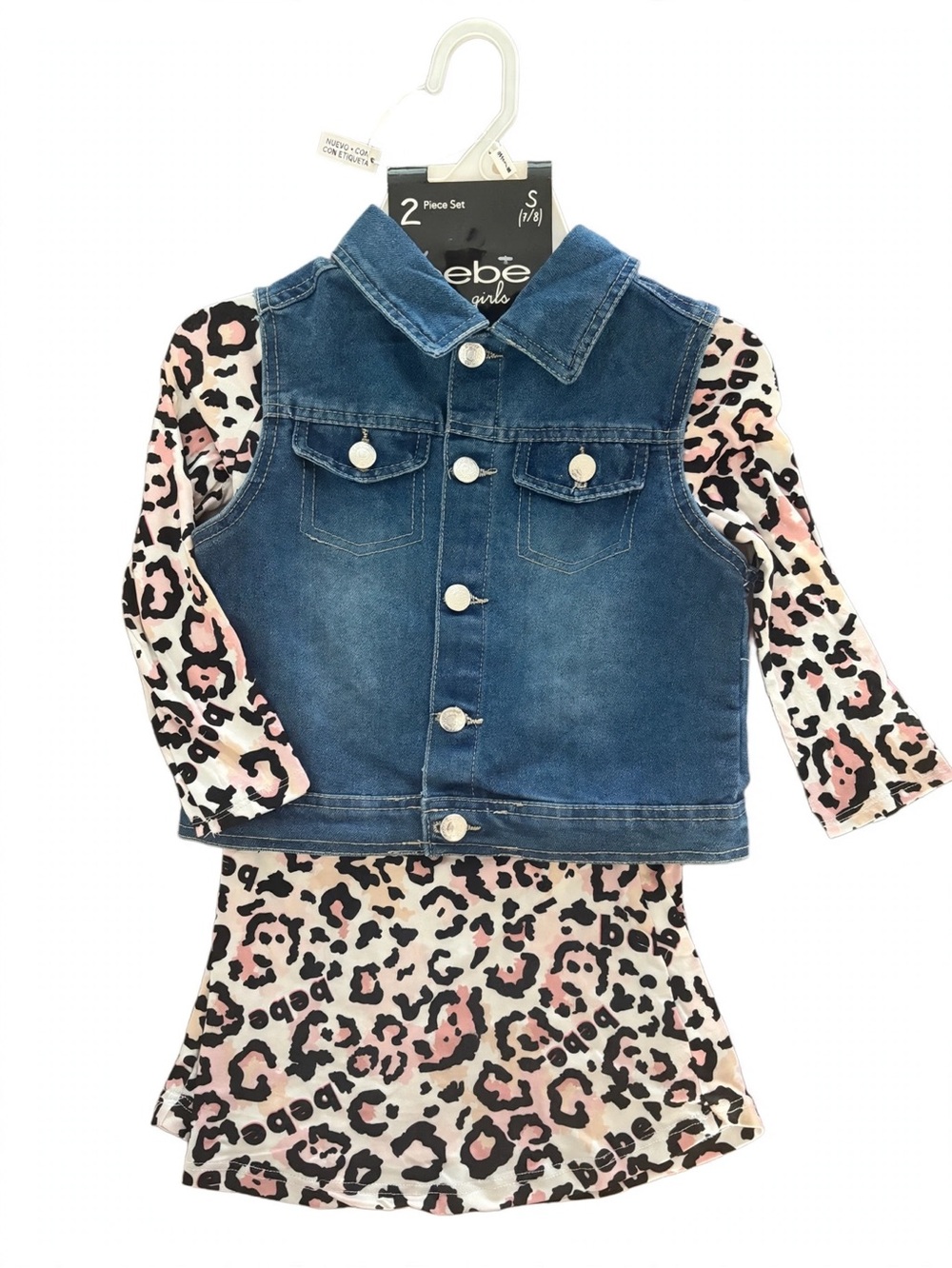 bebe Blue Denim Vest with Pink Leopard Top Set